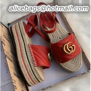 Unique Style Gucci Chevron Leather Platform Espadrille Sandals with Double G30308 Red 2020