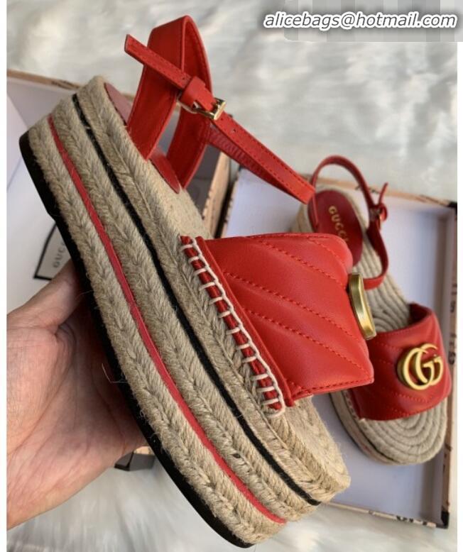 Unique Style Gucci Chevron Leather Platform Espadrille Sandals with Double G30308 Red 2020