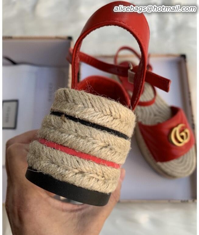 Unique Style Gucci Chevron Leather Platform Espadrille Sandals with Double G30308 Red 2020