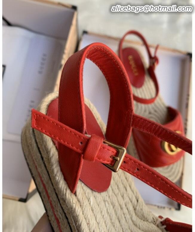 Unique Style Gucci Chevron Leather Platform Espadrille Sandals with Double G30308 Red 2020