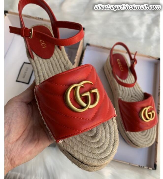 Unique Style Gucci Chevron Leather Platform Espadrille Sandals with Double G30308 Red 2020