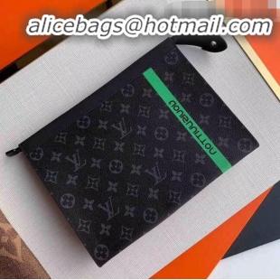 New Style Louis Vuitton Pochette Voyage MM Logo Stripe Monogram Eclipse Pouch M61692 Green 2019