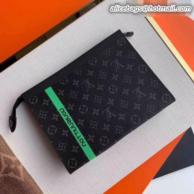 New Style Louis Vuitton Pochette Voyage MM Logo Stripe Monogram Eclipse Pouch M61692 Green 2019