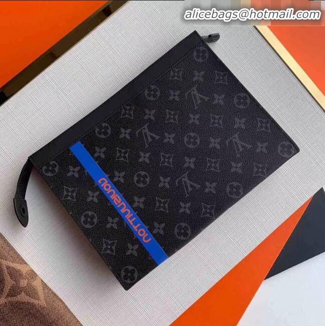 Promotional Louis Vuitton Pochette Voyage MM Logo Stripe Monogram Eclipse Pouch M61692 Blue 2019