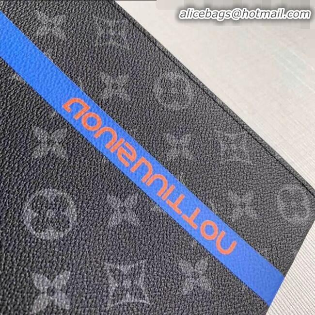 Promotional Louis Vuitton Pochette Voyage MM Logo Stripe Monogram Eclipse Pouch M61692 Blue 2019