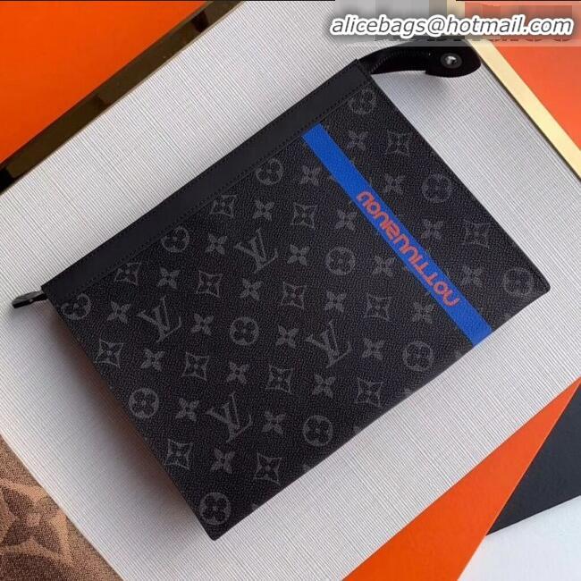 Promotional Louis Vuitton Pochette Voyage MM Logo Stripe Monogram Eclipse Pouch M61692 Blue 2019