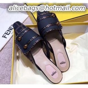 Luxury Fendi Logo Studs Flat Mules G31159 Black 2020