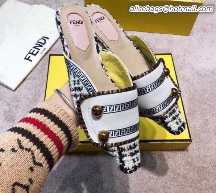 Charming Fendi Logo Studs Flat Mules G31159 White 2020