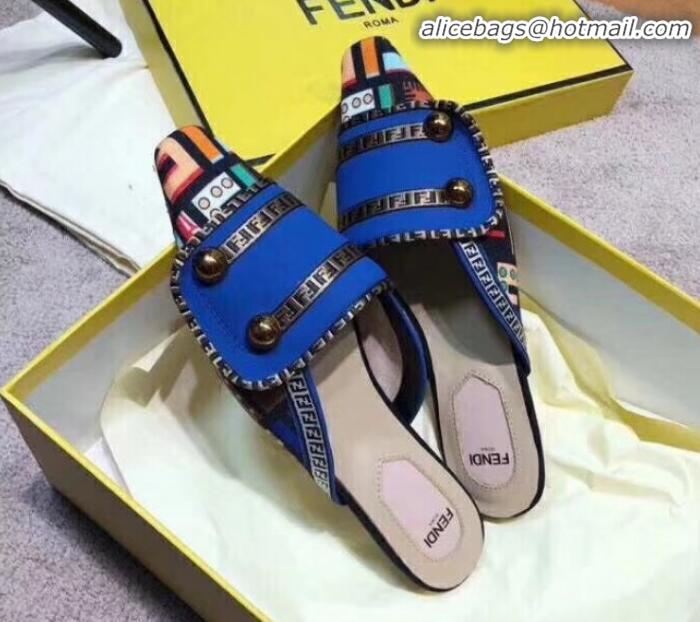 Elegant Fendi Logo Studs Flat Mules G31159 Blue 2020