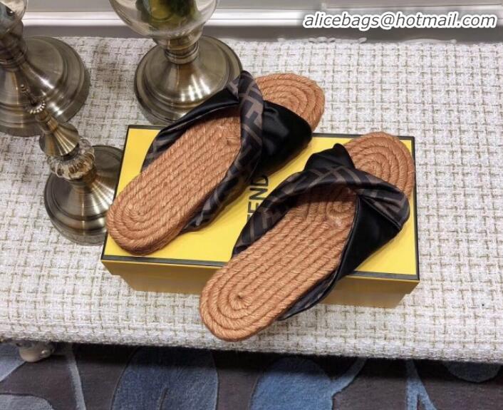 Good Quality Fendi Twist Flat Satin Slide Sandals G32001 Black 2020