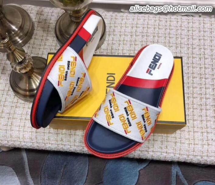 Most Popular Fendi Flat Satin Slide Sandals in Embroidered Canvas and Lambskin G32004 White 2020