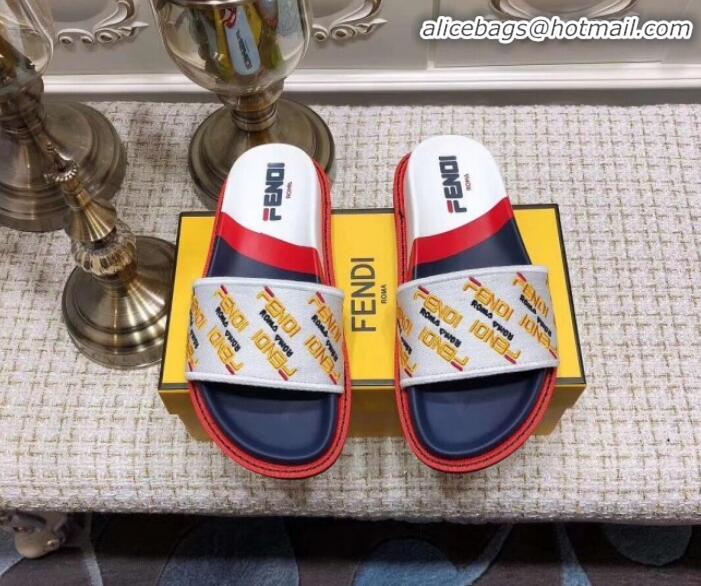 Most Popular Fendi Flat Satin Slide Sandals in Embroidered Canvas and Lambskin G32004 White 2020