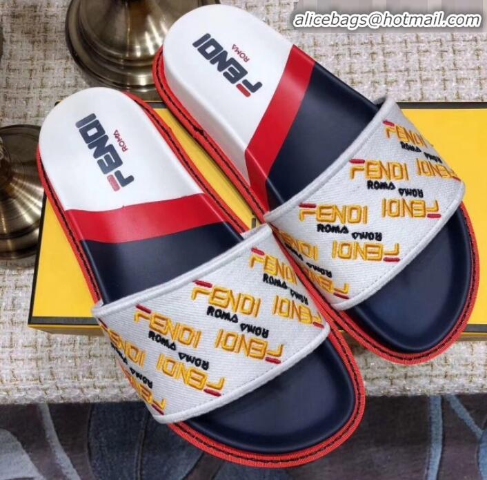 Most Popular Fendi Flat Satin Slide Sandals in Embroidered Canvas and Lambskin G32004 White 2020