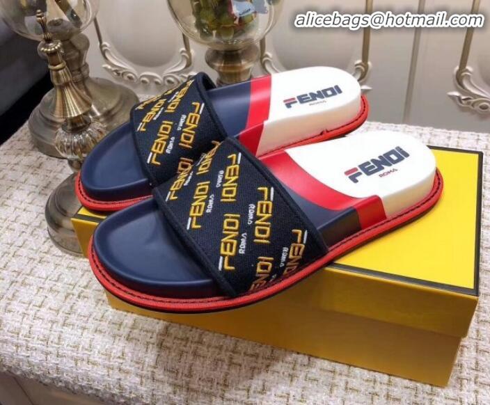 Trendy Design Fendi Flat Satin Slide Sandals in Embroidered Canvas and Lambskin G32004 Blue 2020