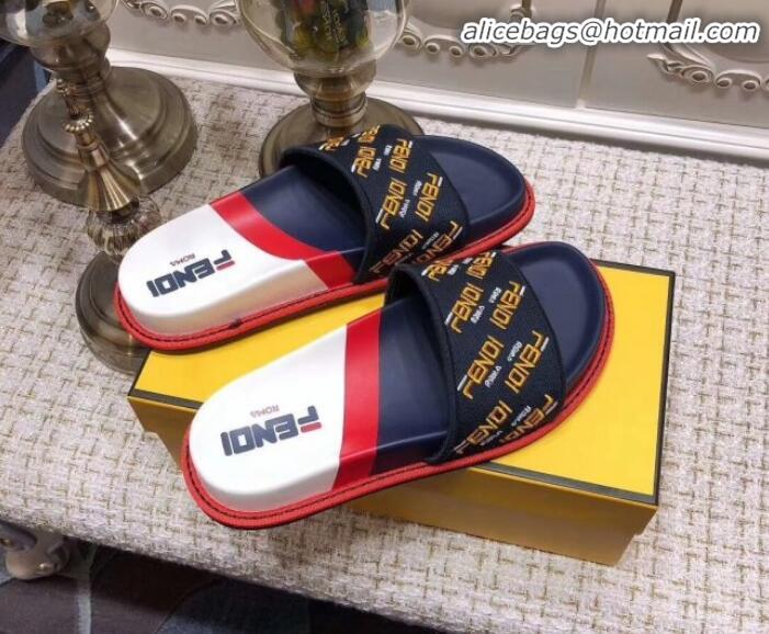 Trendy Design Fendi Flat Satin Slide Sandals in Embroidered Canvas and Lambskin G32004 Blue 2020