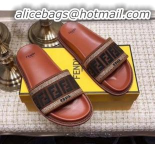 Unique Grade Fendi Flat Satin Slide Sandals in FF Embroidered Canvas and Lambskin G32004 Coffee 2020