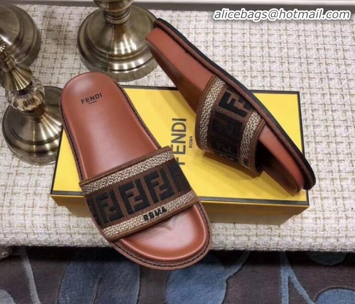 Unique Grade Fendi Flat Satin Slide Sandals in FF Embroidered Canvas and Lambskin G32004 Coffee 2020