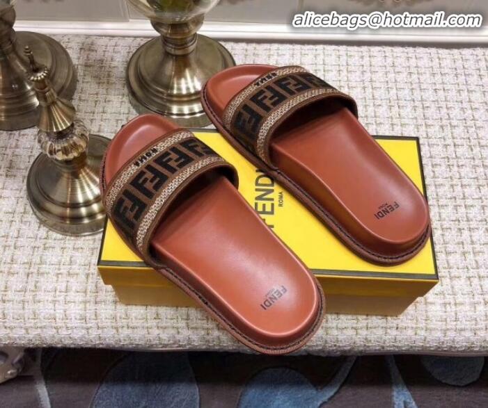 Unique Grade Fendi Flat Satin Slide Sandals in FF Embroidered Canvas and Lambskin G32004 Coffee 2020