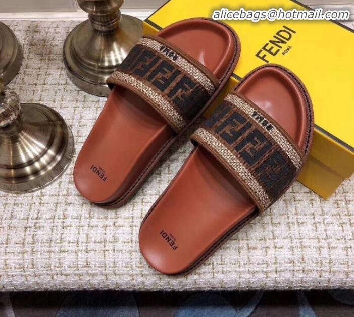 Unique Grade Fendi Flat Satin Slide Sandals in FF Embroidered Canvas and Lambskin G32004 Coffee 2020