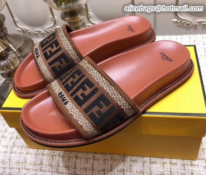 Unique Grade Fendi Flat Satin Slide Sandals in FF Embroidered Canvas and Lambskin G32004 Coffee 2020