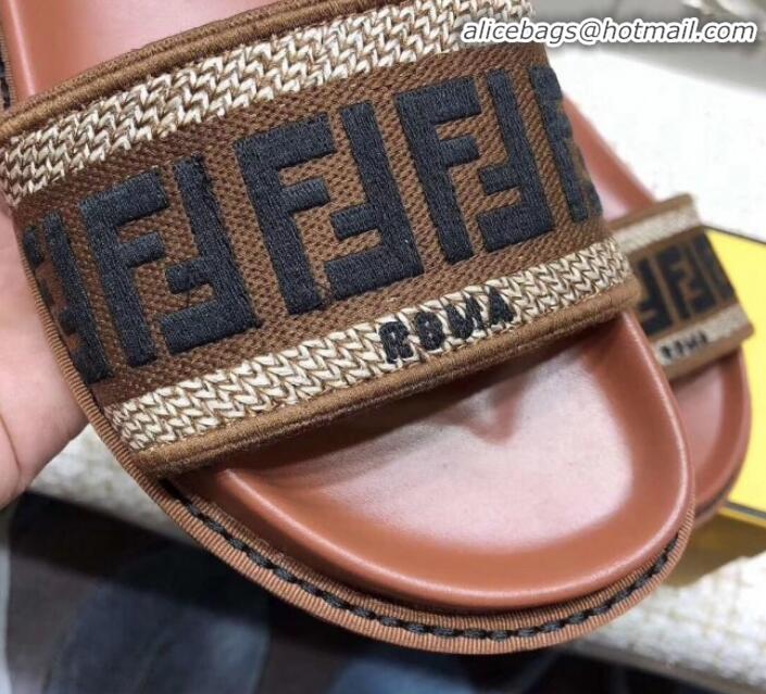 Unique Grade Fendi Flat Satin Slide Sandals in FF Embroidered Canvas and Lambskin G32004 Coffee 2020