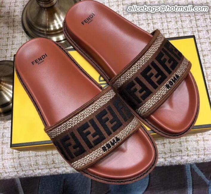 Unique Grade Fendi Flat Satin Slide Sandals in FF Embroidered Canvas and Lambskin G32004 Coffee 2020