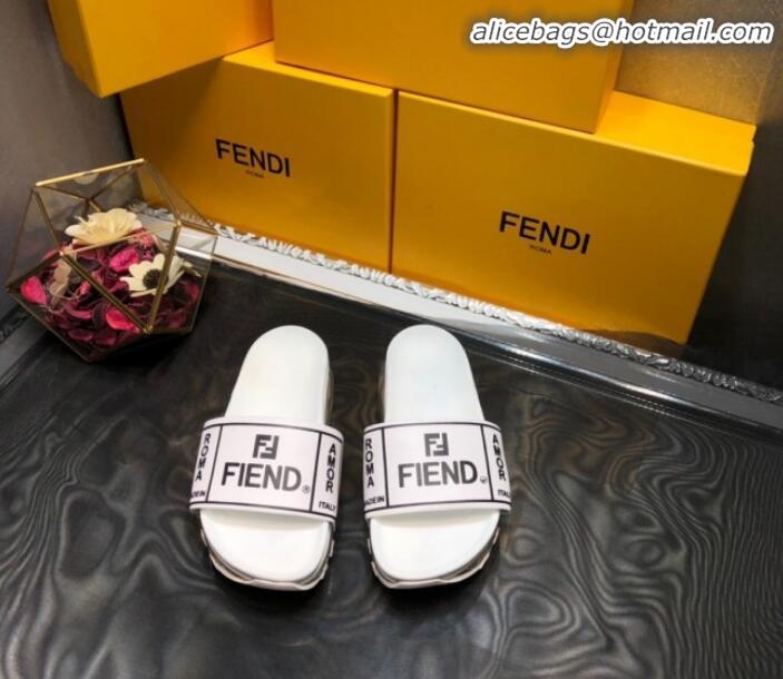 Low Cost Fendi Calfskin Roma Logo Print Slide Sandals G41638 White 2020