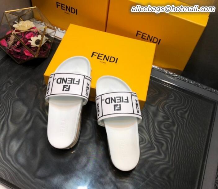 Low Cost Fendi Calfskin Roma Logo Print Slide Sandals G41638 White 2020