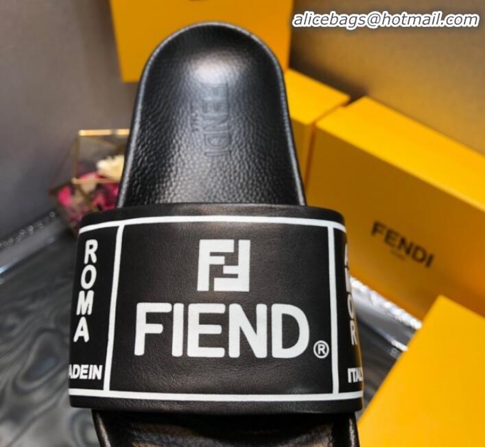 Best Product Fendi Calfskin Roma Logo Print Slide Sandals G41638 Black 2020