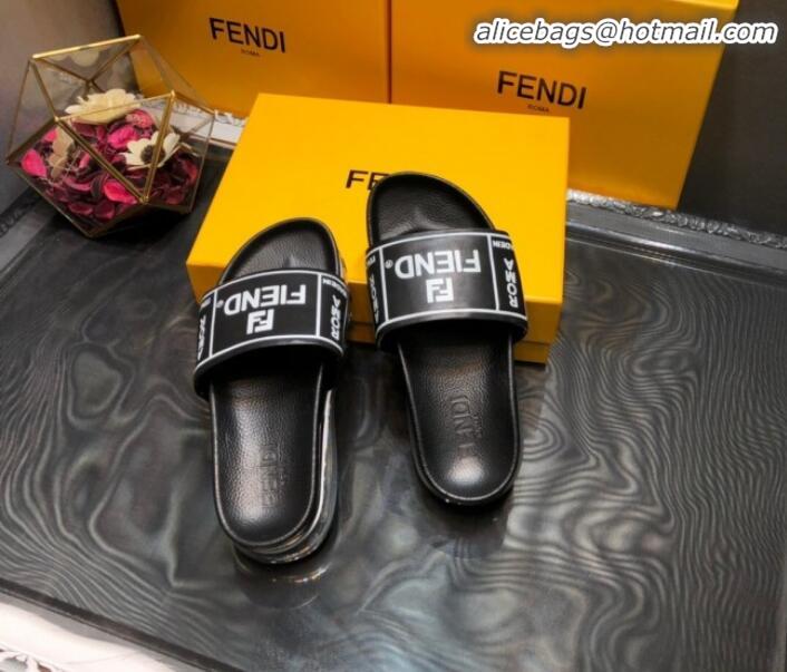 Best Product Fendi Calfskin Roma Logo Print Slide Sandals G41638 Black 2020