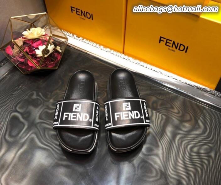 Best Product Fendi Calfskin Roma Logo Print Slide Sandals G41638 Black 2020