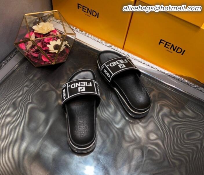 Best Product Fendi Calfskin Roma Logo Print Slide Sandals G41638 Black 2020