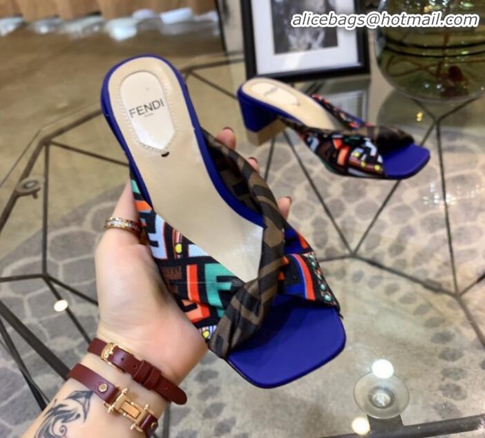 Best Imitation Fendi Twist FF Logo Mid-Heel Slide Sandals G51591 Blue