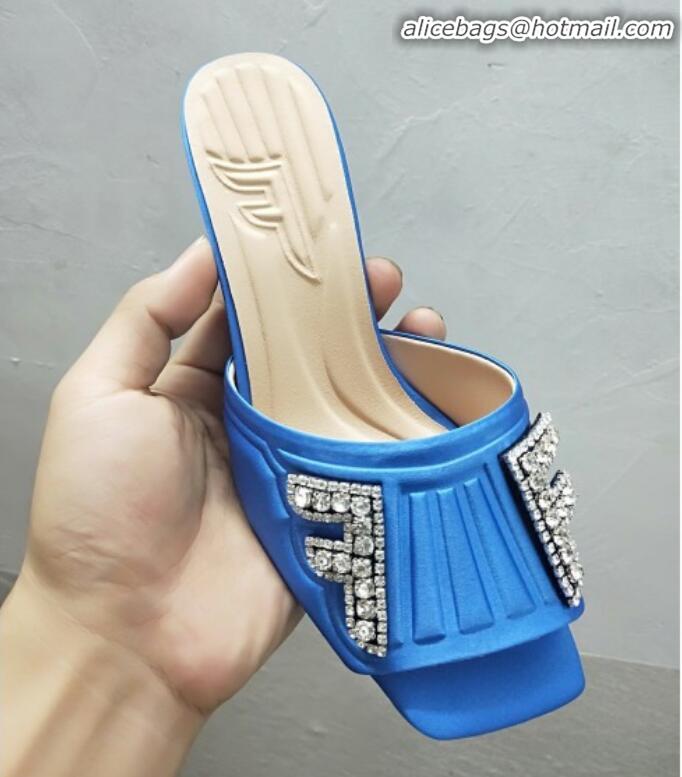 Good Product Fendi Crystal FF Mid-heel/Flat Slide Sandals G62525 Blue