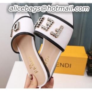 Trendy Design Fendi Calfskin Crystal Fendi Logo Flat Slide Sandals G70366 White