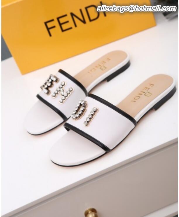 Trendy Design Fendi Calfskin Crystal Fendi Logo Flat Slide Sandals G70366 White