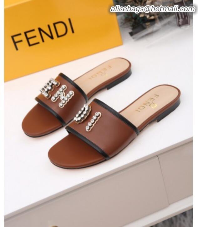 Best Price Fendi Calfskin Crystal Fendi Logo Flat Slide Sandals G70366 Brown