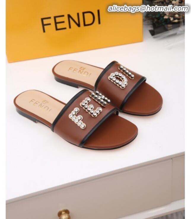 Best Price Fendi Calfskin Crystal Fendi Logo Flat Slide Sandals G70366 Brown