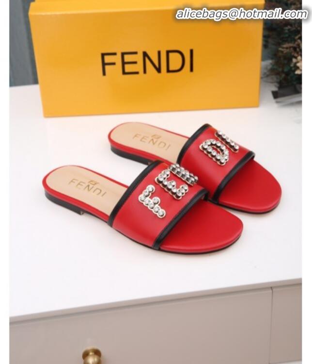 Good Looking Fendi Calfskin Crystal Fendi Logo Flat Slide Sandals G70366 Red