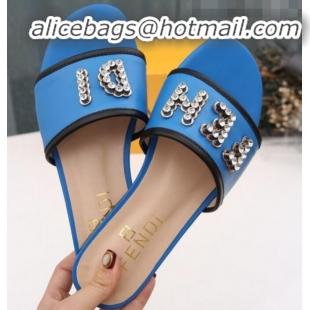 Popular Fendi Calfskin Crystal Fendi Logo Flat Slide Sandals G70366 Blue