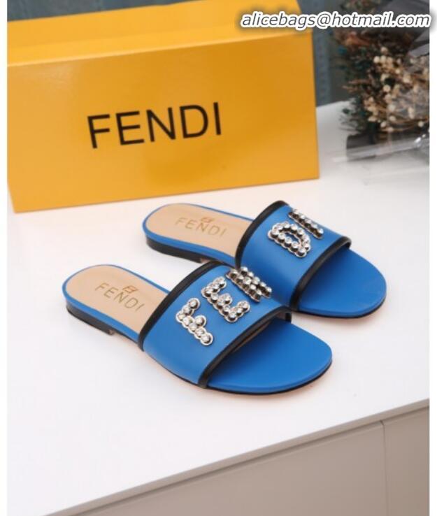 Popular Fendi Calfskin Crystal Fendi Logo Flat Slide Sandals G70366 Blue