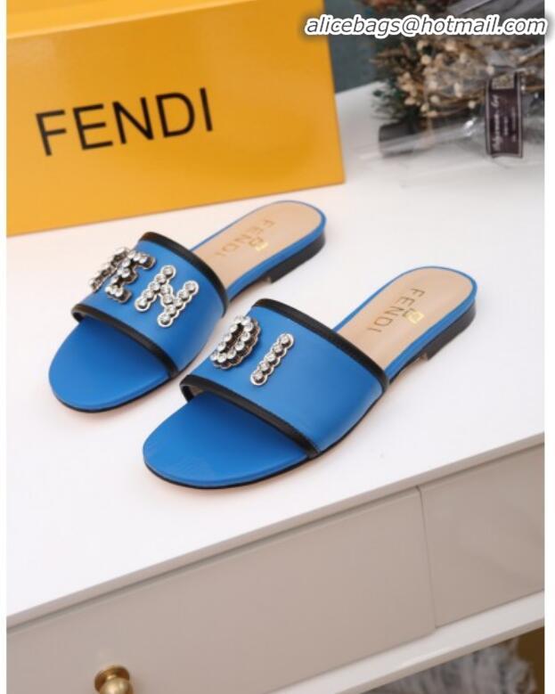 Popular Fendi Calfskin Crystal Fendi Logo Flat Slide Sandals G70366 Blue