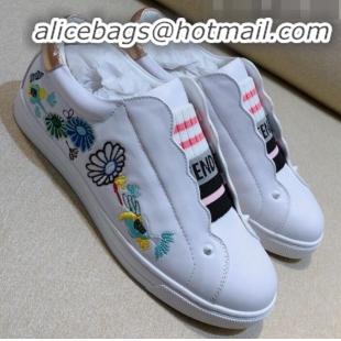 New Fashion Fendi Slip-on Elastic Strap Sneakers in White Embroidered Calfskin G70965