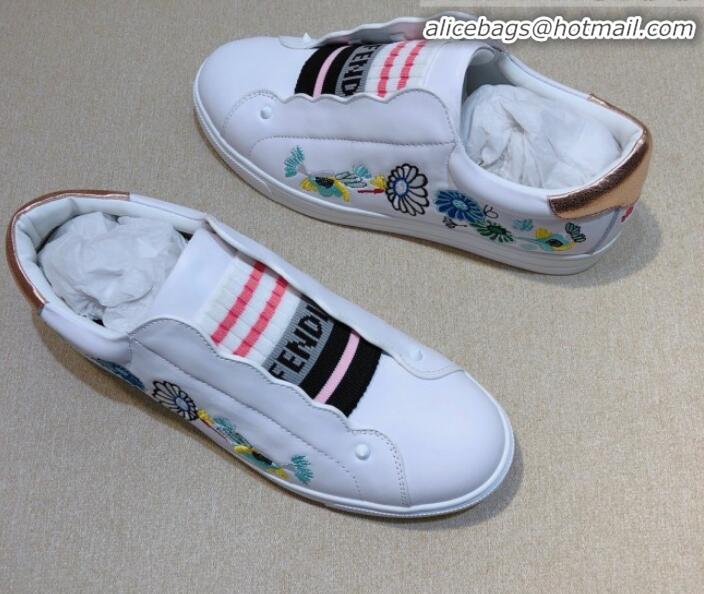 New Fashion Fendi Slip-on Elastic Strap Sneakers in White Embroidered Calfskin G70965