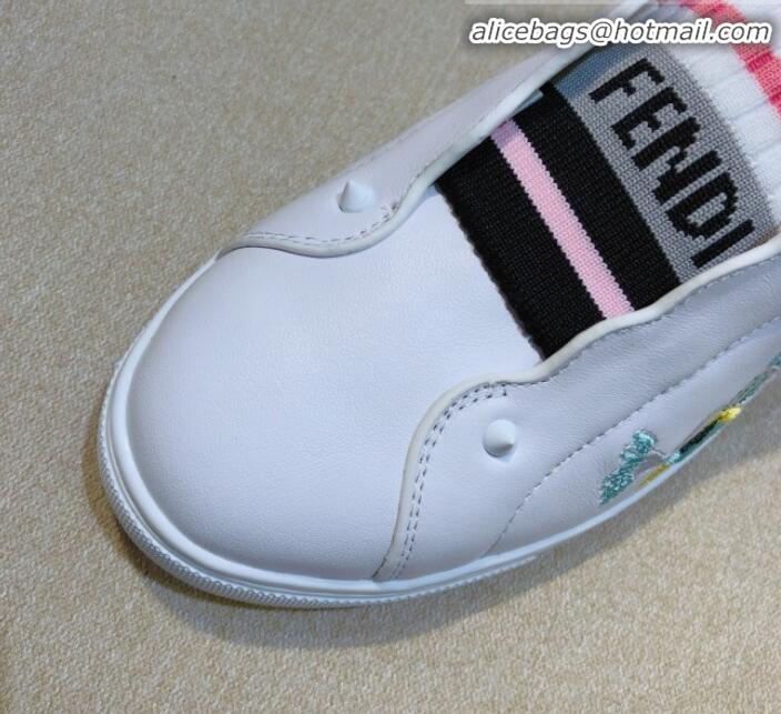 New Fashion Fendi Slip-on Elastic Strap Sneakers in White Embroidered Calfskin G70965