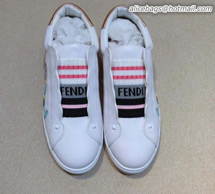 New Fashion Fendi Slip-on Elastic Strap Sneakers in White Embroidered Calfskin G70965