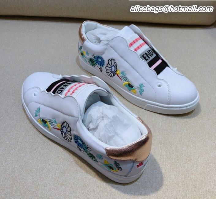 New Fashion Fendi Slip-on Elastic Strap Sneakers in White Embroidered Calfskin G70965