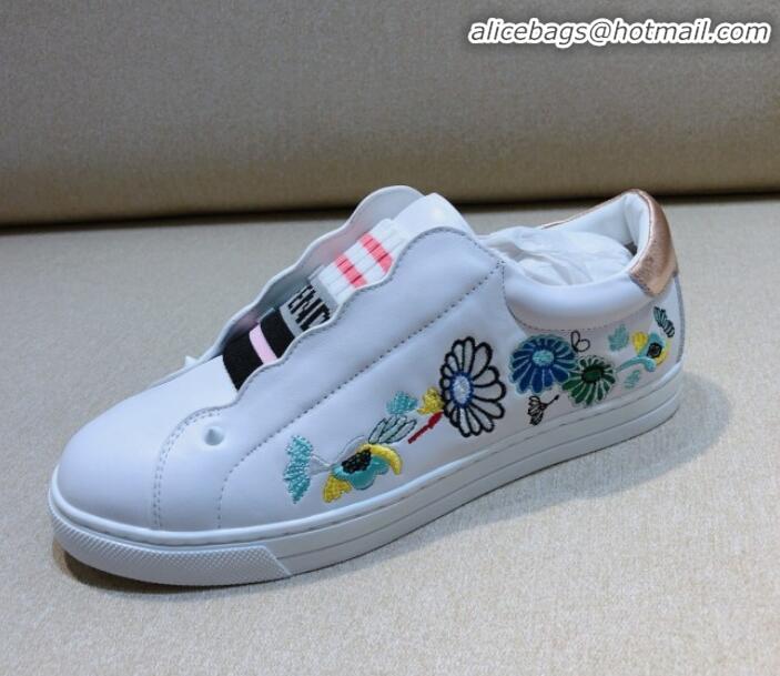 New Fashion Fendi Slip-on Elastic Strap Sneakers in White Embroidered Calfskin G70965