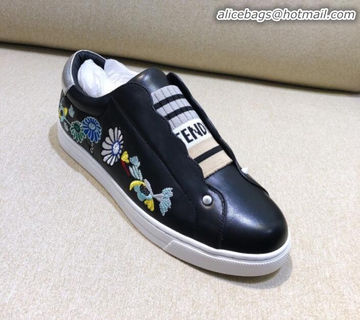 Good Taste Fendi Slip-on Elastic Strap Sneakers in Black Embroidered Calfskin G70966