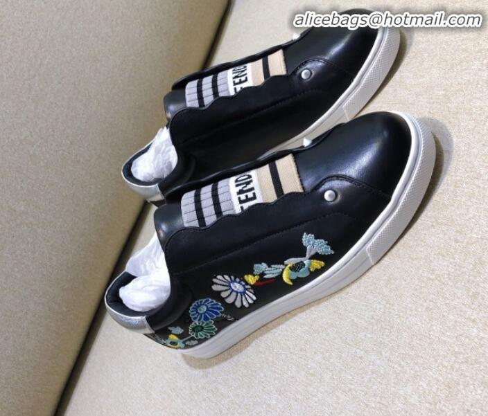 Good Taste Fendi Slip-on Elastic Strap Sneakers in Black Embroidered Calfskin G70966